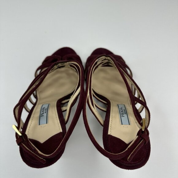 Prada Women's Burgundy Open Toe Strappy Wedge Metallic Sandal EU‎ 37.5 / US 7 - Picture 6 of 17
